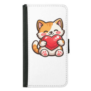 Cute Cat Heart – Kawaii Cat Hugging Red Heart, Cut Samsung Galaxy S5 Wallet Case