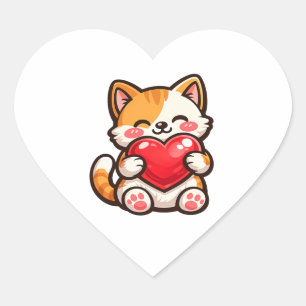 Cute Cat Heart – Kawaii Cat Hugging Red Heart, Cut Sticker