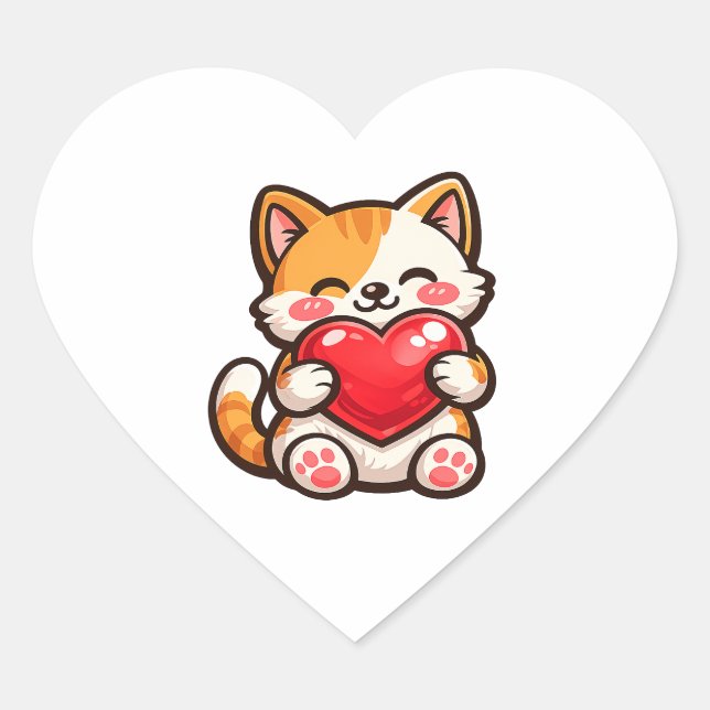Cute Cat Heart – Kawaii Cat Hugging Red Heart, Cut Sticker (Front)