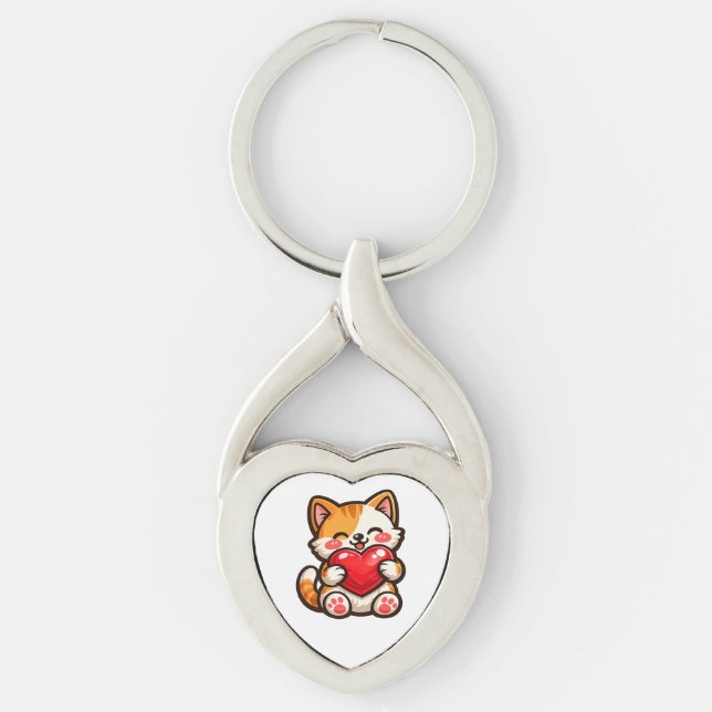 Cute Cat Heart Keychain – Kawaii Cat with Red Hear (Front)