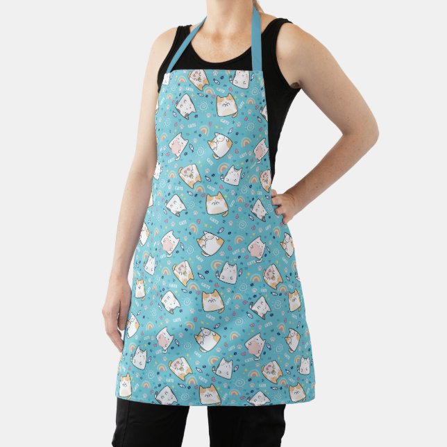 Cute Cat Heart Light Blue Themed Apron (Insitu)