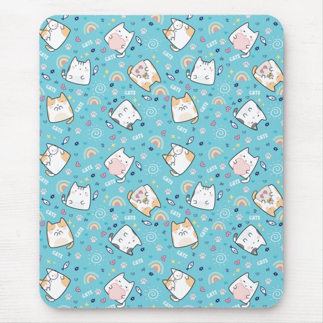 Cute Cat Heart Light Blue Themed Mouse Pad (Front)
