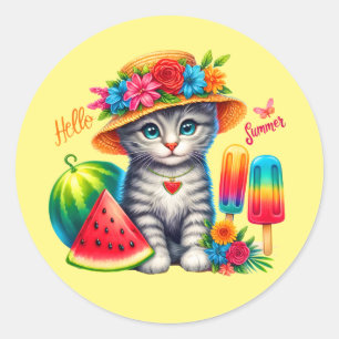 Cute cat hello Summer  Classic Round Sticker