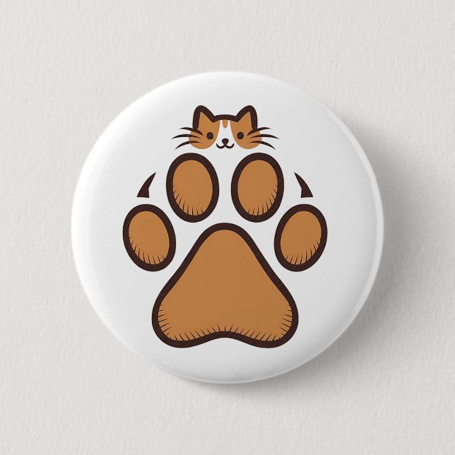 Cute Cat Hiding in Paw Print - Illustration  Button (Front)