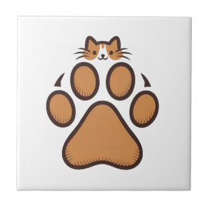 Cute Cat Hiding in Paw Print - Illustration  Ceramic Tile