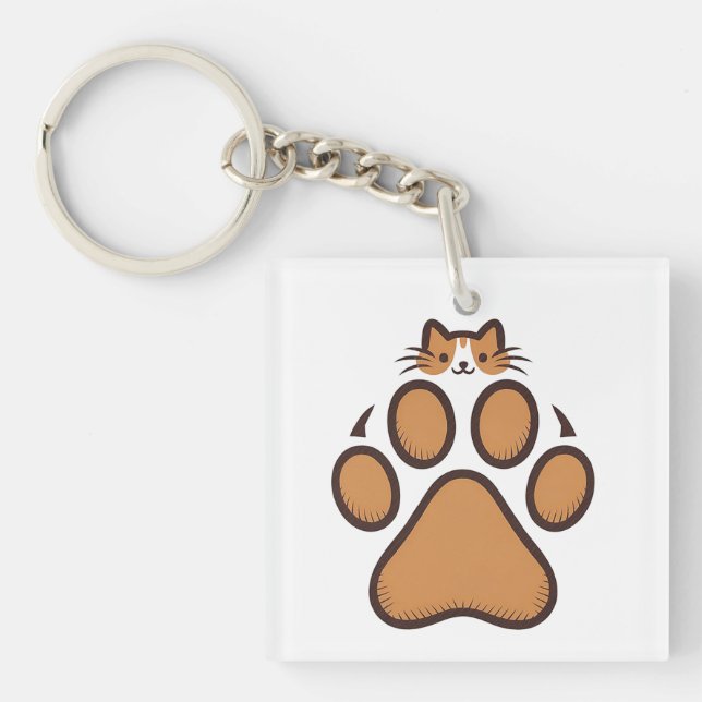 Cute Cat Hiding in Paw Print - Illustration  Keychain (Front)