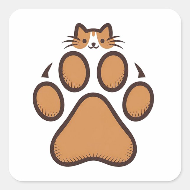 Cute Cat Hiding in Paw Print - Illustration  Square Sticker (Front)