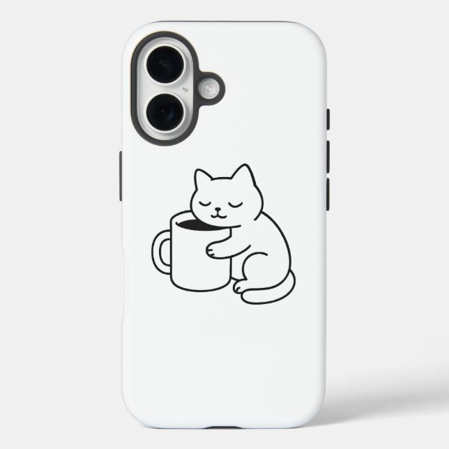Cute Cat Holding Coffee Minimal iPhone 16 Case (Back)