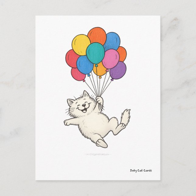Cute Cat Holding Colorful Balloons Postcard (Front)