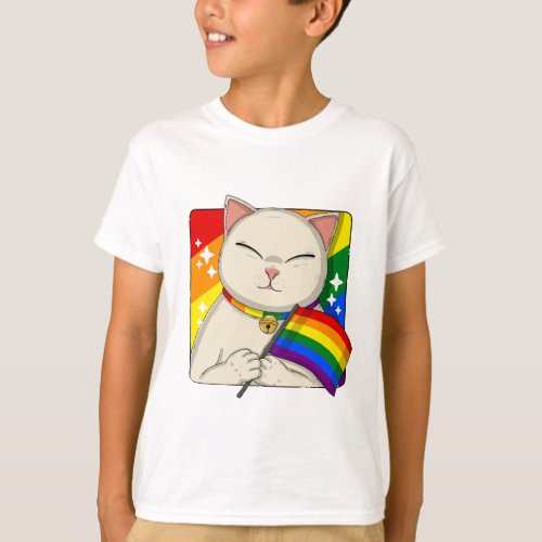 Cute Cat Holding LGBTQ Pride Flag T_Shirt