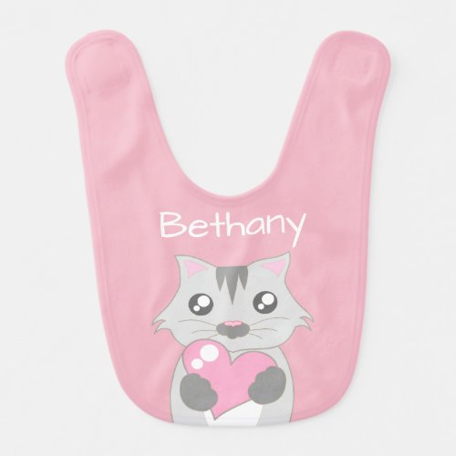 Cute Cat Holding Pink Heart Personalised Baby Bib