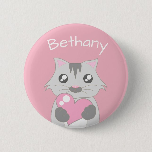 Cute Cat Holding Pink Heart Personalised Kids Button (Front)