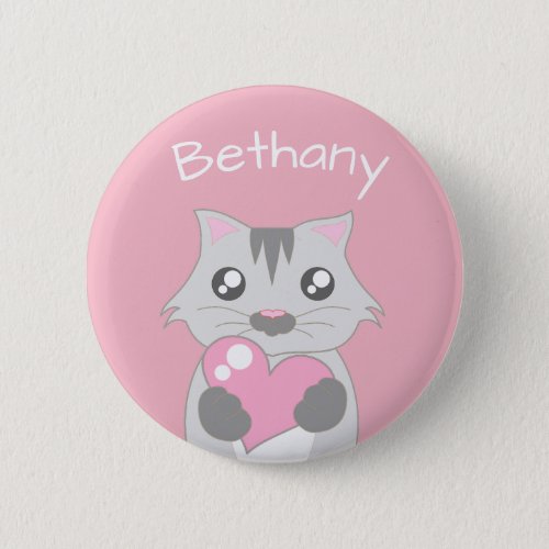 Cute Cat Holding Pink Heart Personalised Kids Button