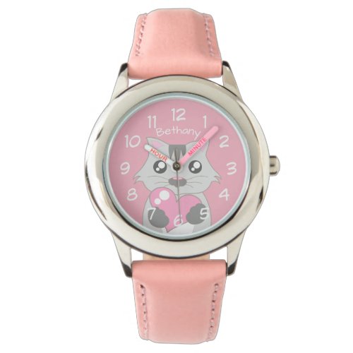 Cute Cat Holding Pink Heart Personalised Watch