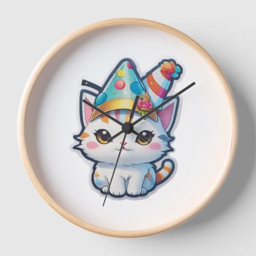 Cute cat holds a New Years party   Clock