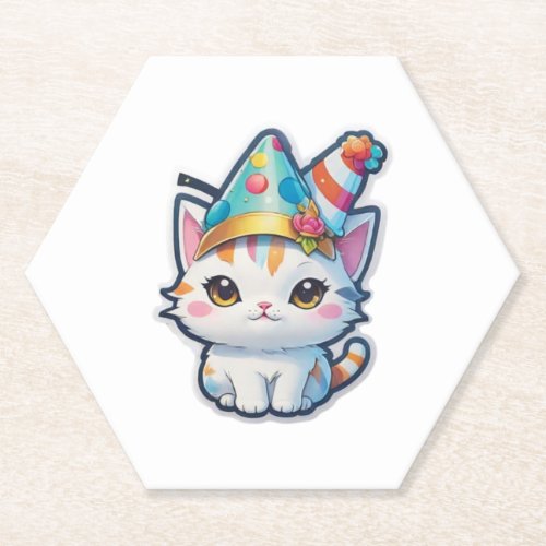 Cute cat holds a New Years party   Paper Coaster