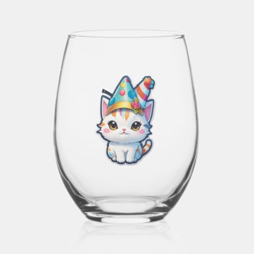 Cute cat holds a New Years party   Stemless Wine Glass