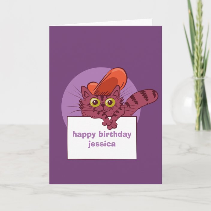 Cute Cat Holds Happy Birthday Message Cartoon Card Zazzle Com