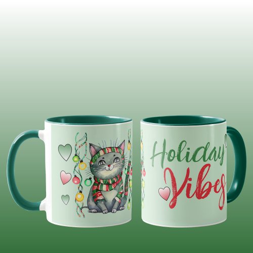 Cute cat holiday vibes green Christmas Mug