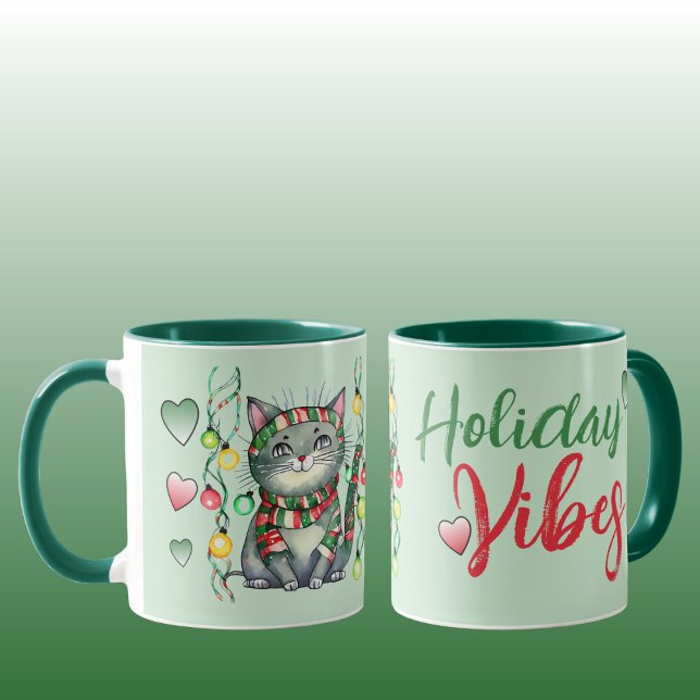 Cute cat holiday vibes green Christmas Mug (Creator Uploaded)