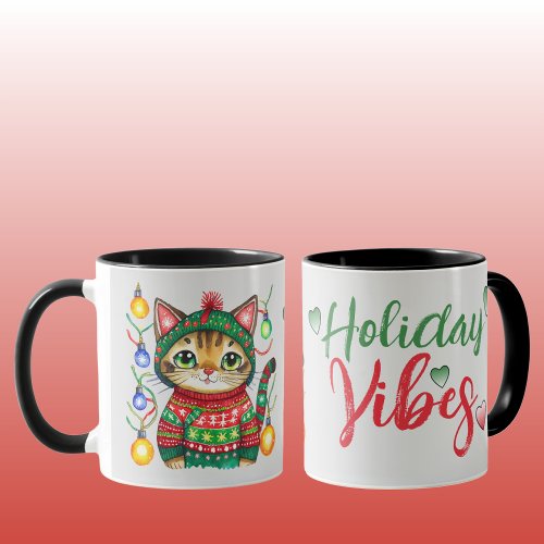 Cute cat holiday vibes grey Christmas Mug
