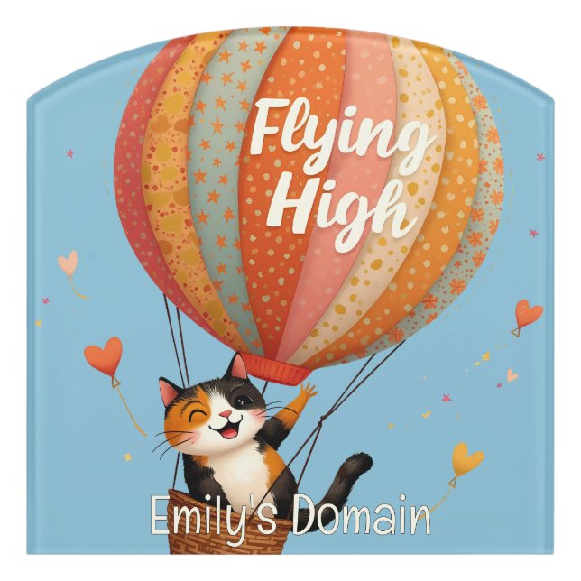 Cute Cat Hot Air Balloon Whimsical Art Door Sign (Contour Front)