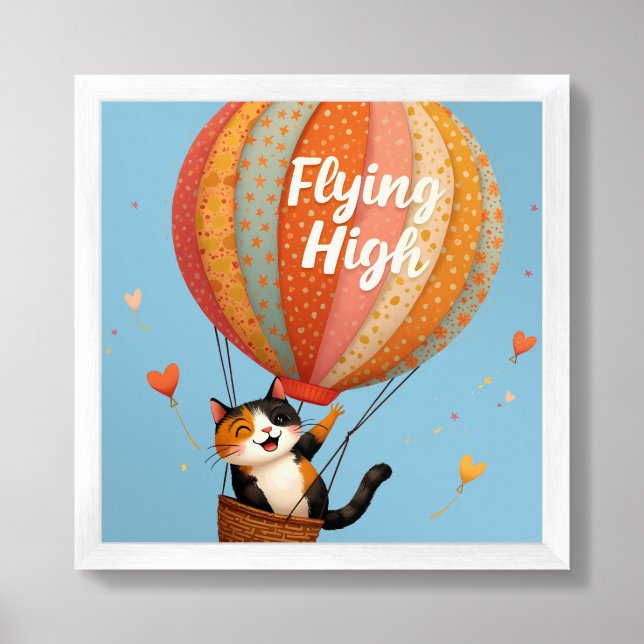 Cute Cat Hot Air Balloon Whimsical Art Framed Art (Framed Front)