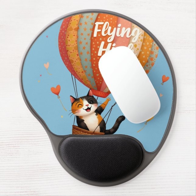 Cute Cat Hot Air Balloon Whimsical Art Gel Mouse Pad (Left Side)