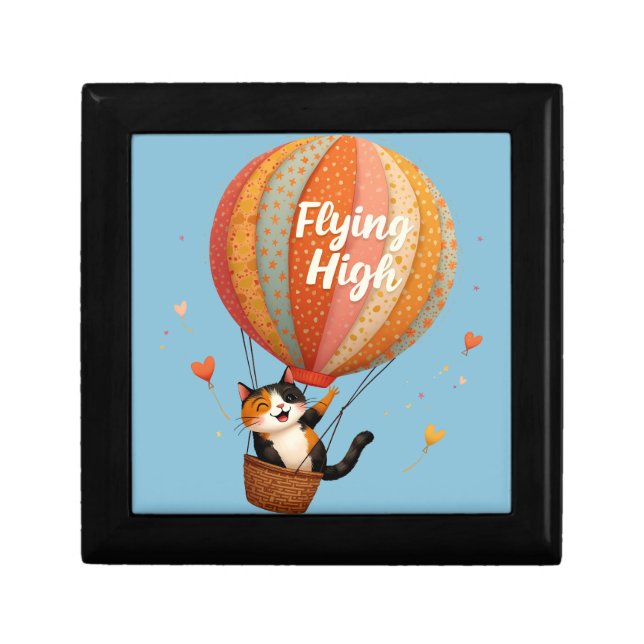 Cute Cat Hot Air Balloon Whimsical Art Gift Box (Front)
