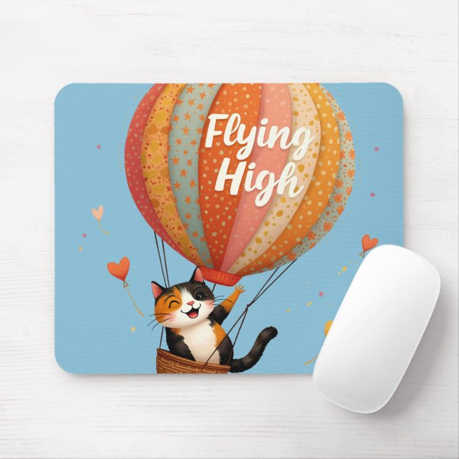 Cute Cat Hot Air Balloon Whimsical Art Mouse Pad (With Mouse)