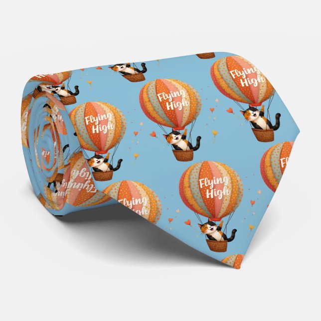Cute Cat Hot Air Balloon Whimsical Art Neck Tie (Rolled)