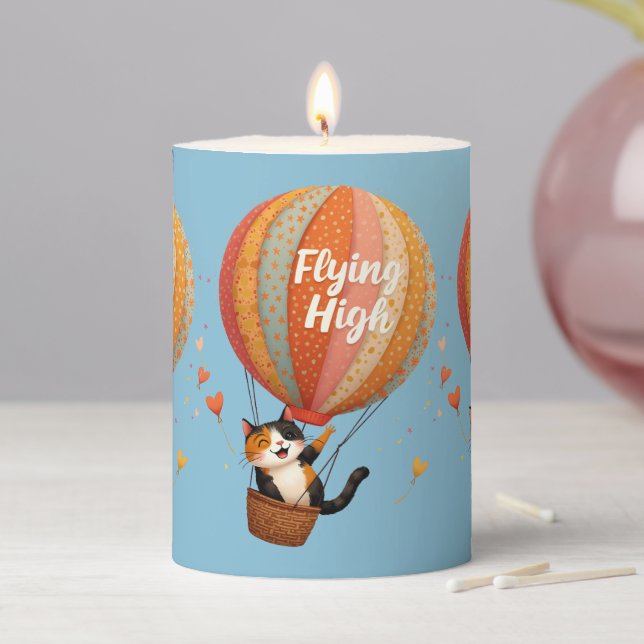 Cute Cat Hot Air Balloon Whimsical Art Pillar Candle (In Situ)