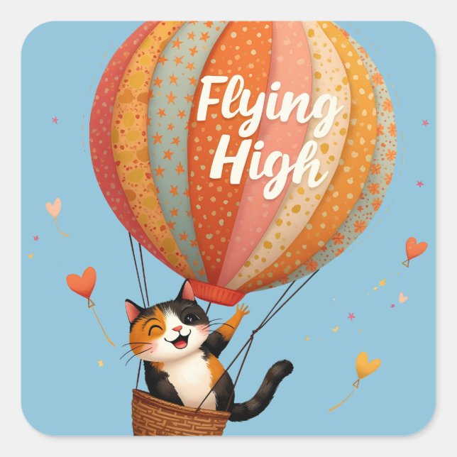 Cute Cat Hot Air Balloon Whimsical Art Square Sticker (Front)