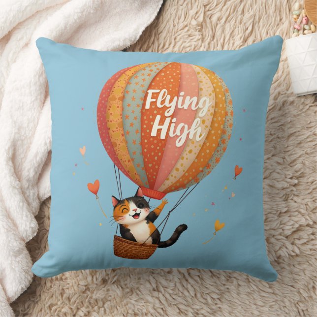 Cute Cat Hot Air Balloon Whimsical Art Throw Pillow (Blanket)