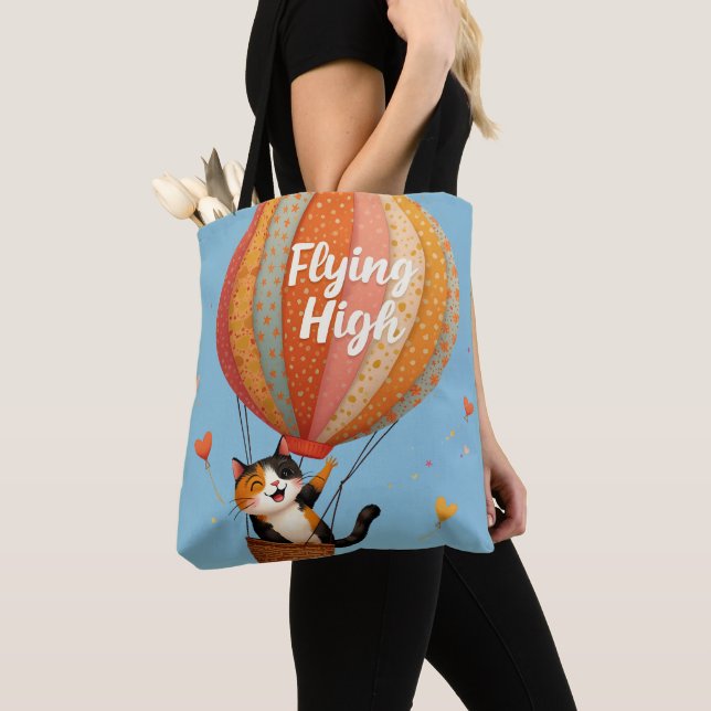 Cute Cat Hot Air Balloon Whimsical Art Tote Bag (Close Up)