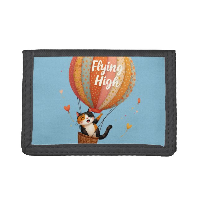 Cute Cat Hot Air Balloon Whimsical Art Trifold Wallet (Front)