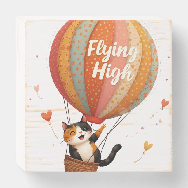 Cute Cat Hot Air Balloon Whimsical Art Wooden Box Sign (Front Horizontal)