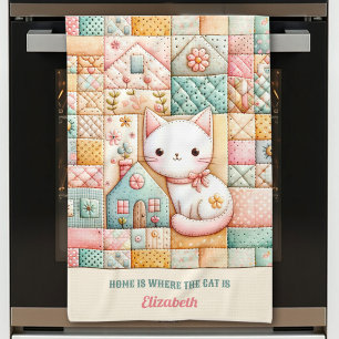 Cute Cat House Quilt Patchwork Pastel Custom Name Kitchen Towel