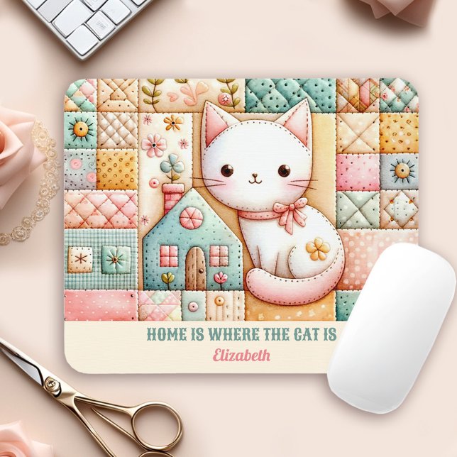 Cute Cat House Quilt Patchwork Pastel Custom Name Mouse Pad (Cute Cat House Quilt Patchwork Pastel Custom Name Mouse Pad)