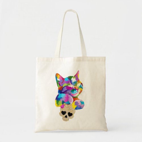 Cute Cat Hug Skull for kitten lovers Colorful Art  Tote Bag
