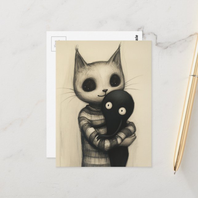 Cute Cat Hugging Thier Friend Postcard (Front/Back In Situ)