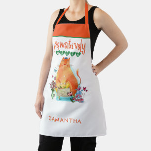 Cute Cat Humor Pawsitively Vegan Name White Apron