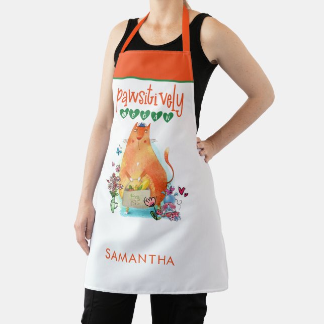 Cute Cat Humor Pawsitively Vegan Name White Apron (Insitu)