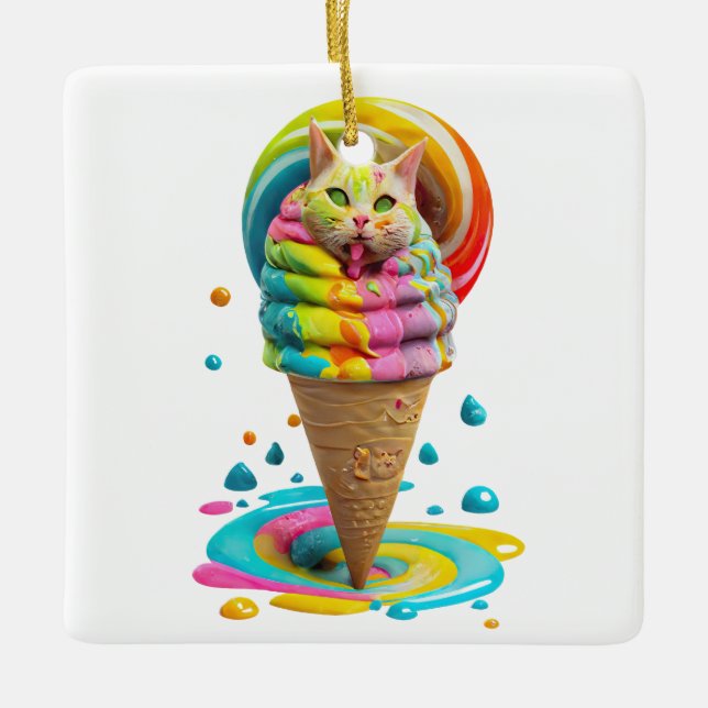 Cute Cat Ice Cream Cone colorful Ceramic Ornament (Front)