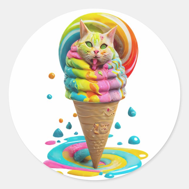 Cute Cat Ice Cream Cone colorful Classic Round Sticker (Front)