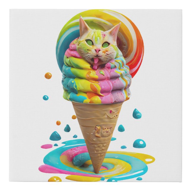 Cute Cat Ice Cream Cone colorful  Faux Canvas Print (Front)