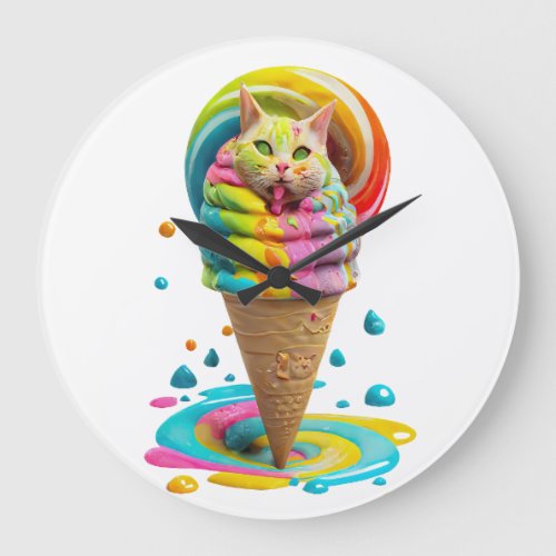 Cute Cat Ice Cream Cone colorful Large Clock