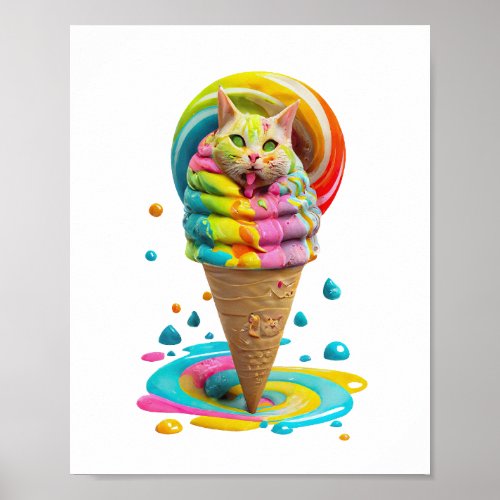 Cute Cat Ice Cream Cone colorful Poster