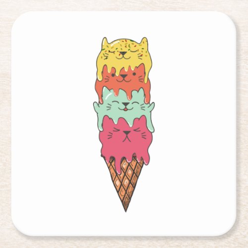 Cute Cat Ice Cream  Kawaii Kittens Square Paper Coaster