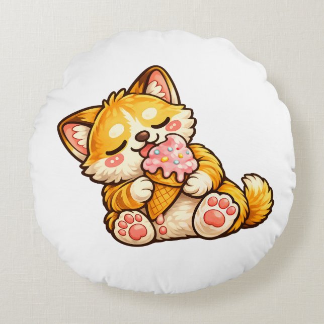 Cute Cat Ice Cream Round Pillow (Front)